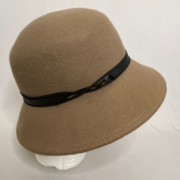 Nine West Felted Wool Hat Tan Wide Brim Cloche Black Faux Leather Band - Picture 3 of 11